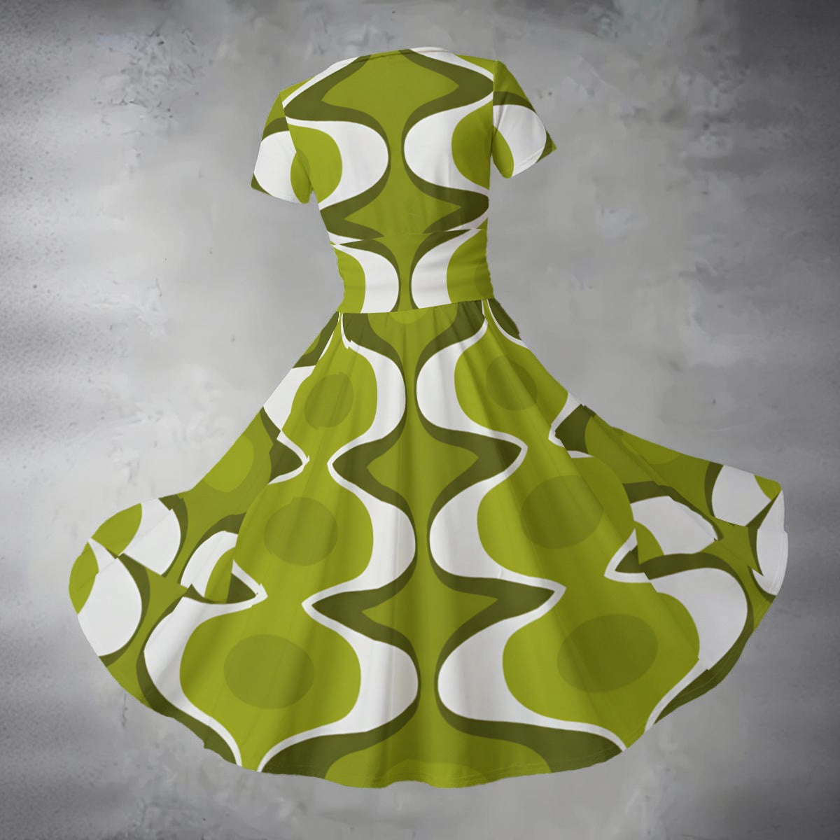 Olive Op Art Midi Dress — Groovy 70s Wave Pattern Green White