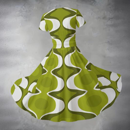 Olive Op Art Midi Dress — Groovy 70s Wave Pattern Green White