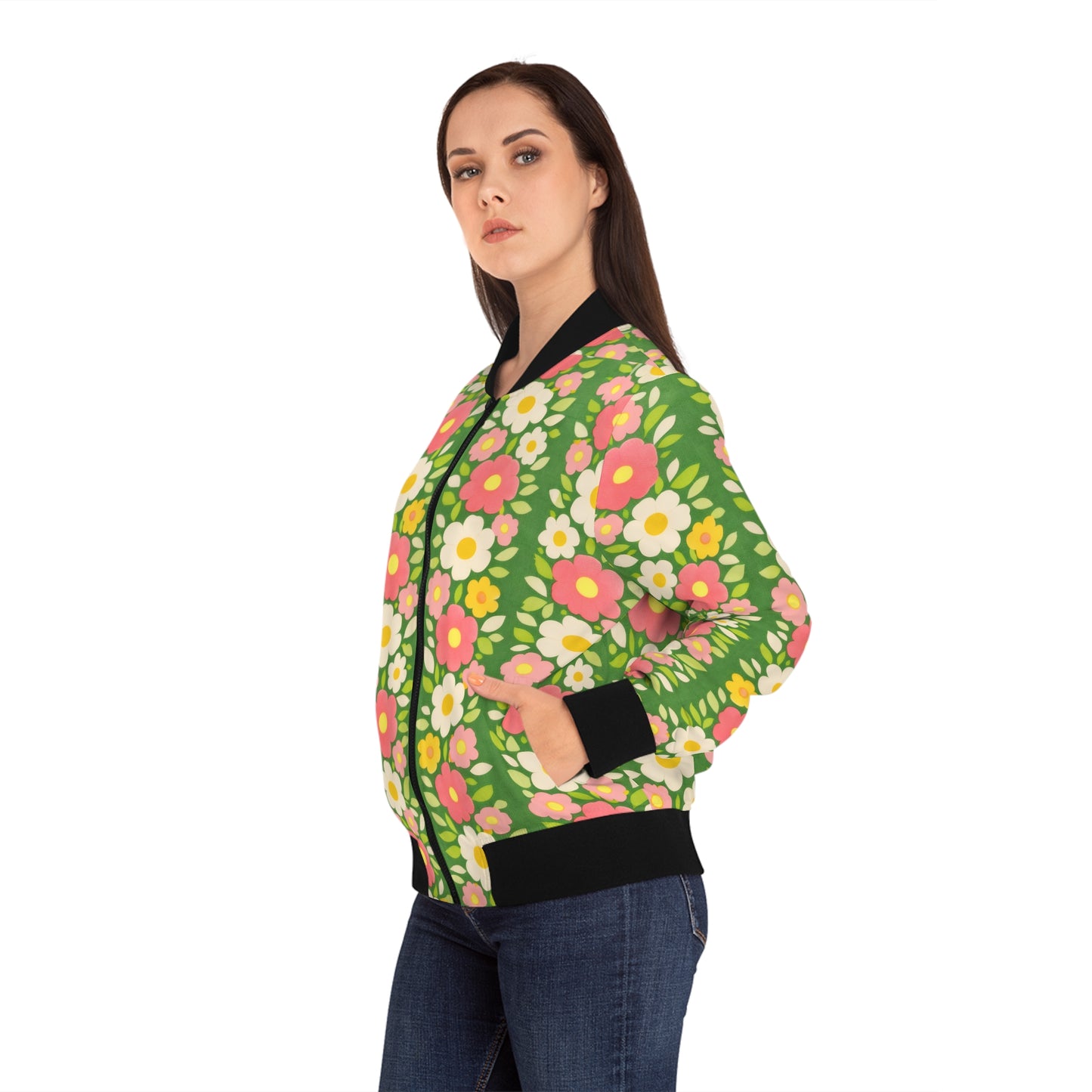 Floral Stripe Bomber Jacket - Retro Pink & Green All-Over Print