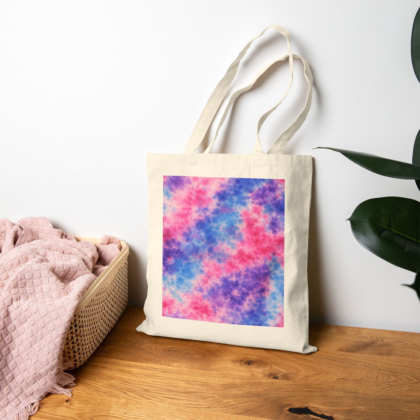 Tie-Dye Pink Blue Canvas Tote Bag — Colorful Festival Beach Market Bag