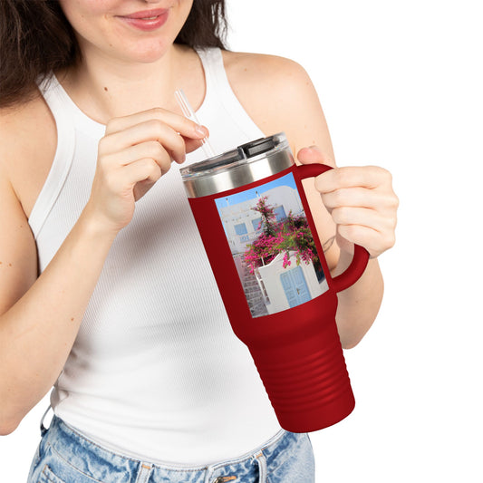 Oia Santorini Blue Door Photo Travel Mug — 40oz Insulated Tumbler Greek Gift