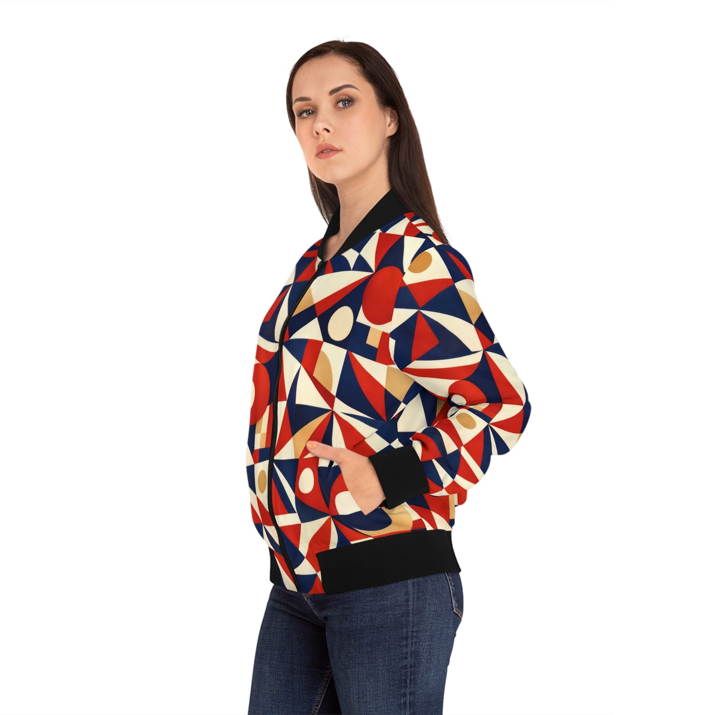 Bomber Jacket — Retro Geometric Red & Navy All-Over Print