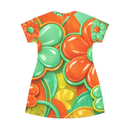 Retro Orange & Teal Floral T‑Shirt Dress — Bright 60s-Inspired All-Over Print