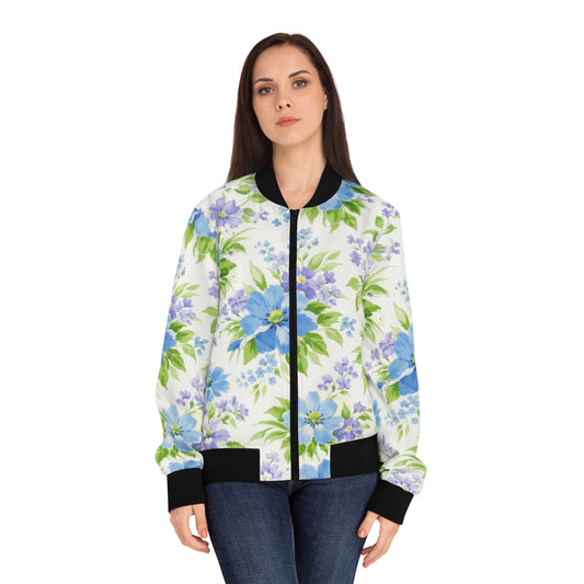 Floral Blue & Lavender All-Over Print Bomber Jacket