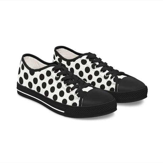 Polka Dot Low Top Sneakers — Women's Black & White Casual Canvas Shoes