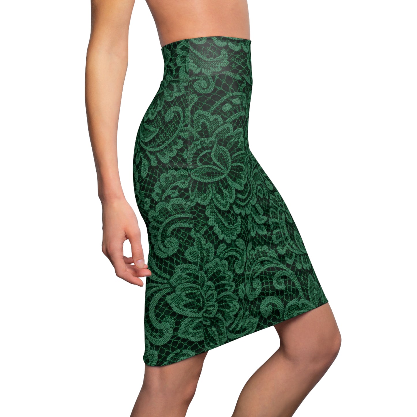 Emerald Lace Pencil Skirt — Elegant Floral Print AOP