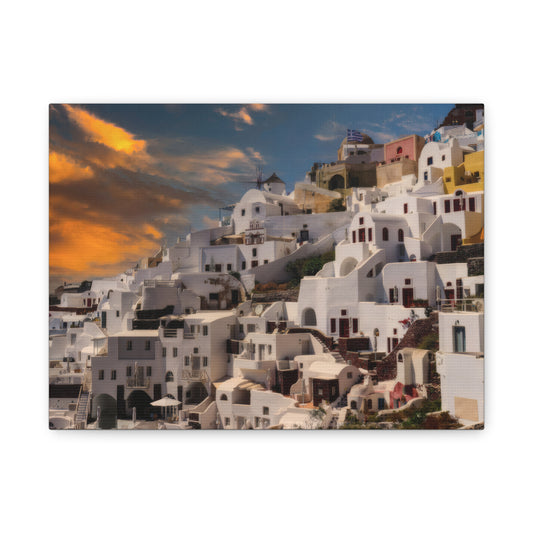 Santorini Sunset Canvas Art, Oia Greece Architecture Wall Decor, Greek Island Sunset