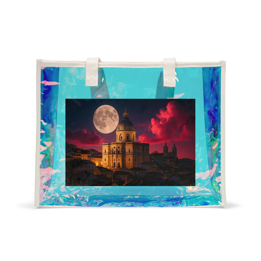Holographic Beach Tote Bag — Moonlit Cityscape Print