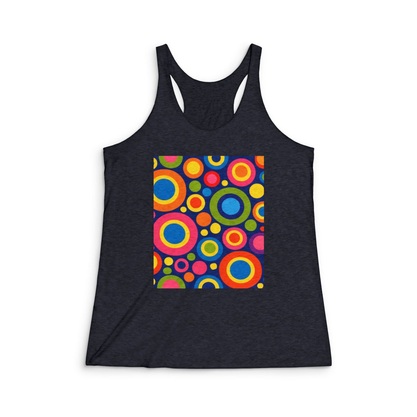 Retro Colorful Circles Racerback Tank — Women's Vibrant 60s-Inspired Graphic Tank Top