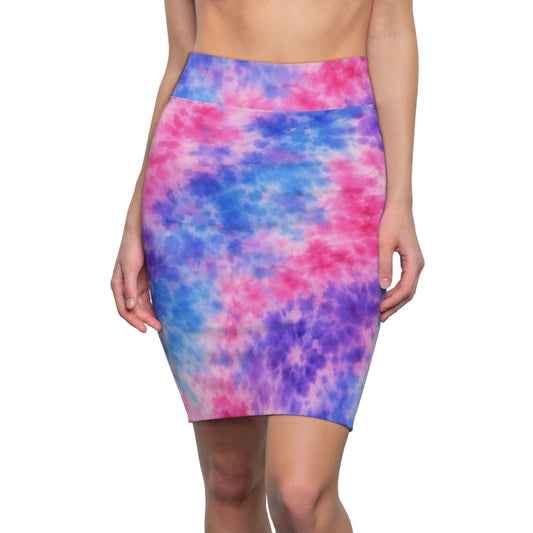 Tie-Dye Pastel Pencil Skirt — Pink Blue Purple All-Over Print