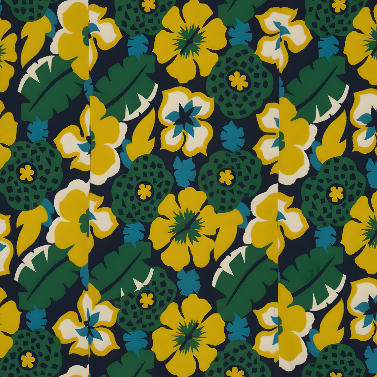 60s Bold Floral Pattern — Yellow Green Navy | High-Resolution Digital Download