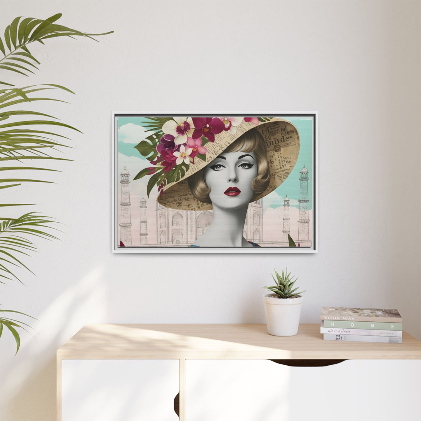 Elegant vintage pop art woman in front of Taj Mahal in India Canvas Wall Art