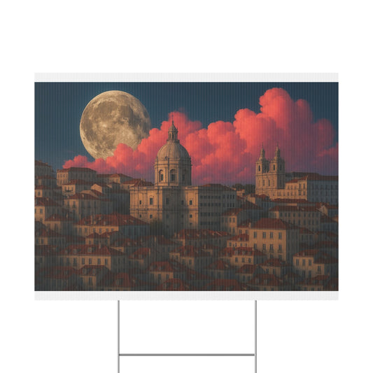 Moonlit Cityscape Plastic Yard Sign — Full Moon Over Sunset Clouds