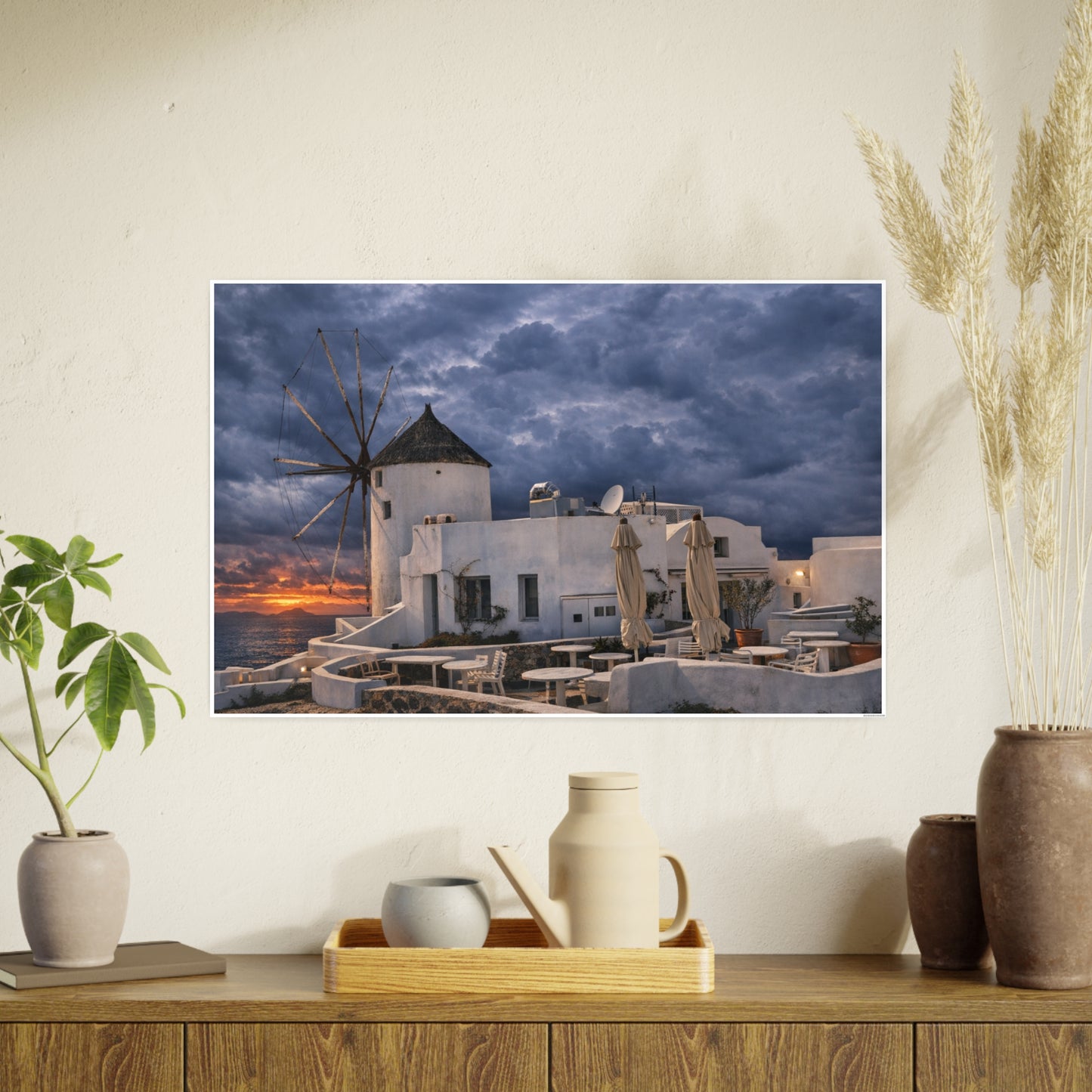 Oia Santorini Windmill Sunset Poster — Mediterranean Landscape Photo Art Print
