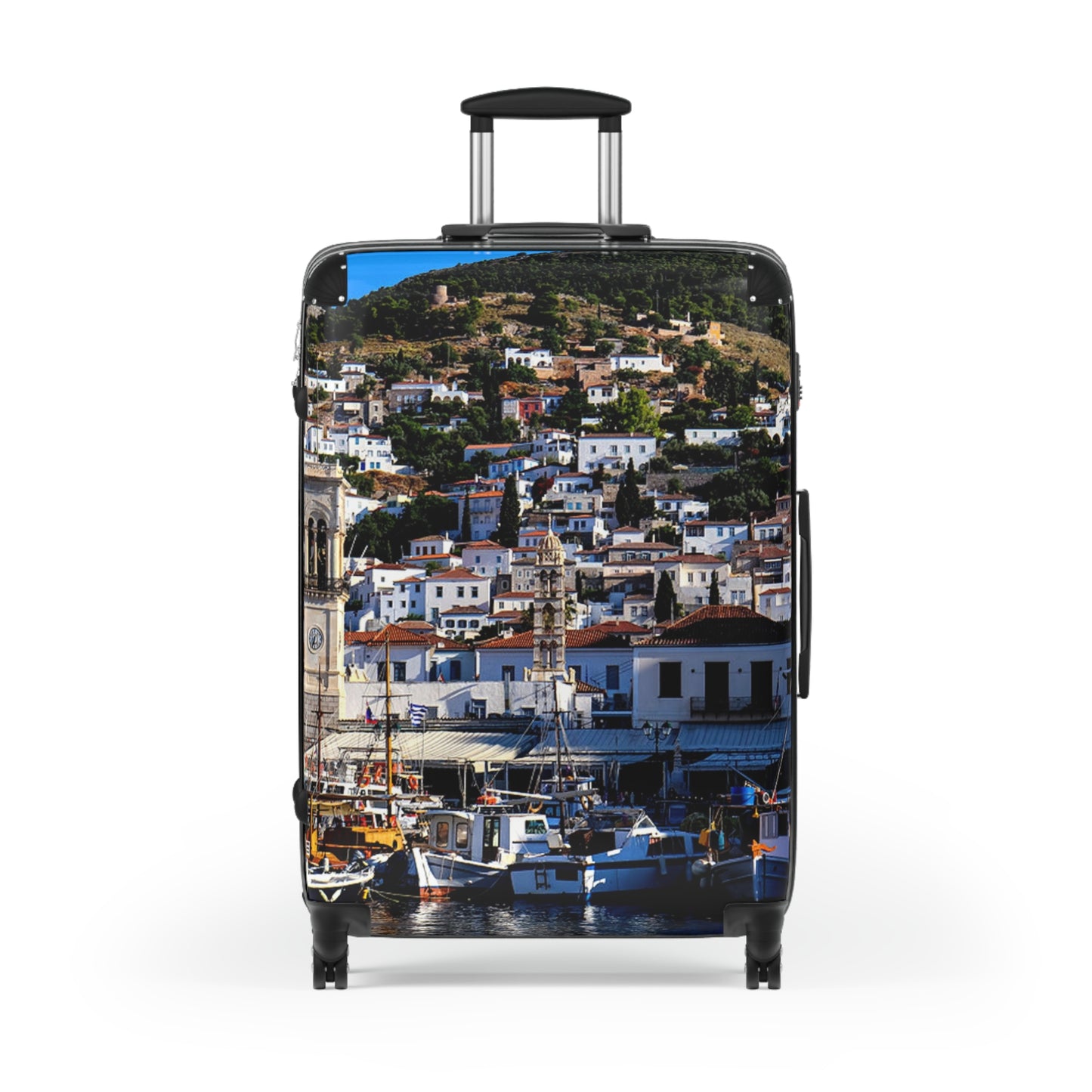 Hydra Island Greece Suitcase, Mediterranean Harbor Travel Luggage, Greek Island Vacation Bag, Unique Artist Luggage, Travel Gift