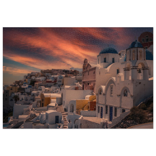 Santorini Sunset Jigsaw Puzzle, Oia Greece Blue Dome Game, Dreamy Mediterranean Sky Art, Greek Island Travel Gift, Aesthetic Scenic Puzzle