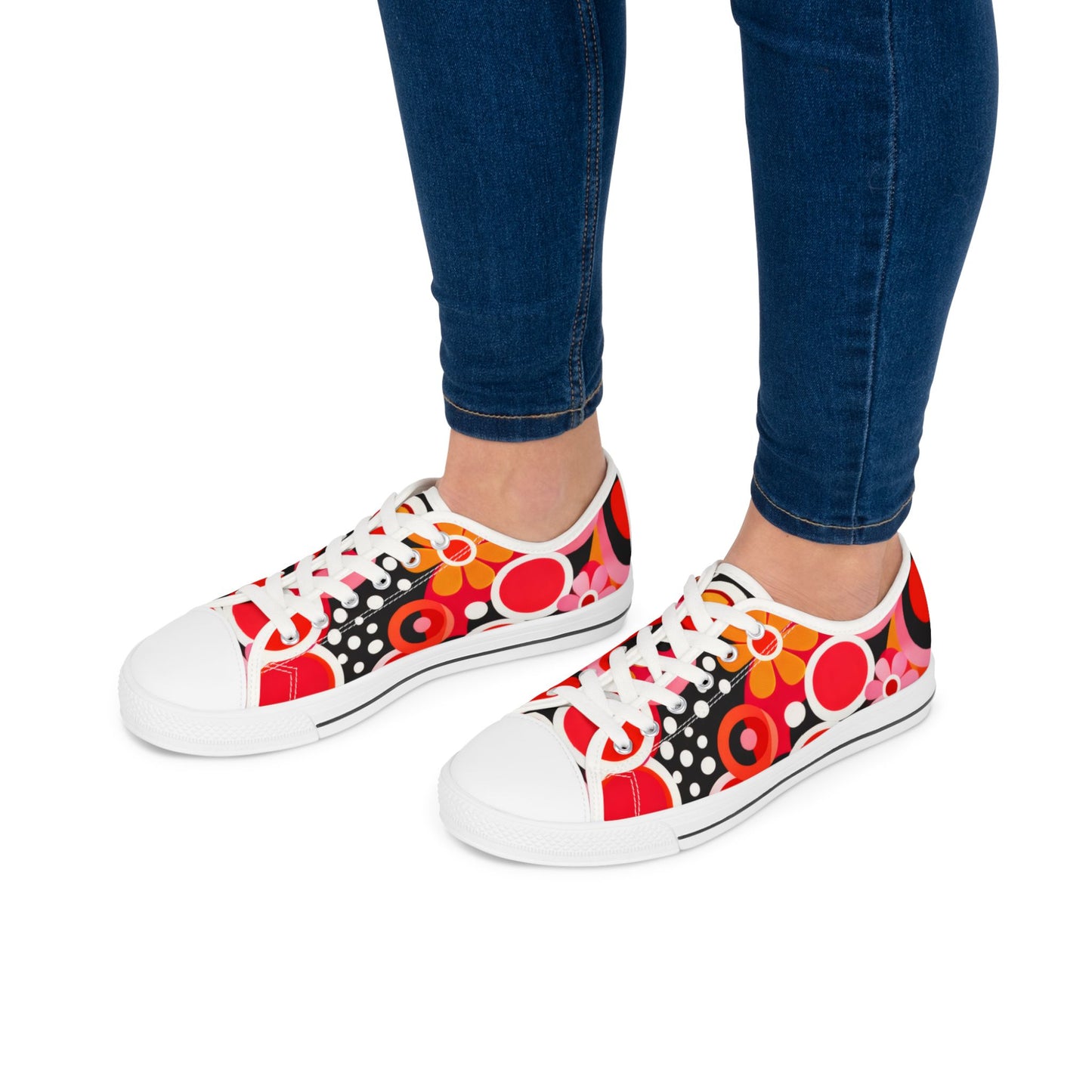 Retro Pop Circles Low Top Sneakers — Women's Colorful Floral Dot Print