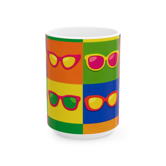Pop Art Sunglasses Ceramic Mug | Warhol-Style Colorblock Coffee Cup (11oz, 15oz)