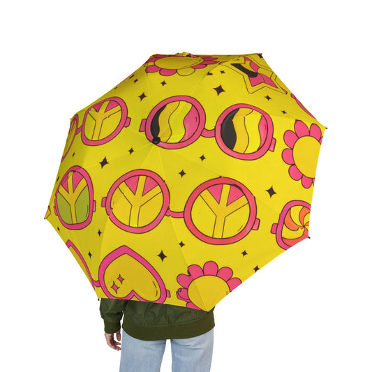 Foldable Umbrella — Bright Retro Peace & Hearts Pattern (Semi‑Automatic)