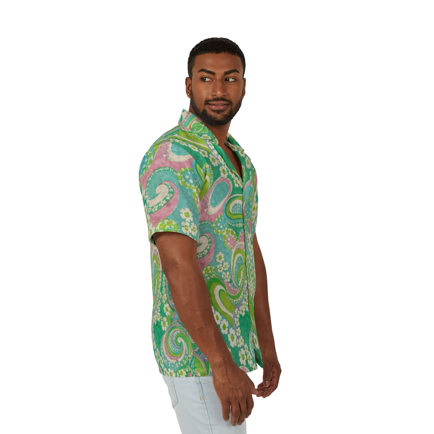 Green Paisley Hawaiian Camp Shirt — Retro Floral Aloha Button-Up