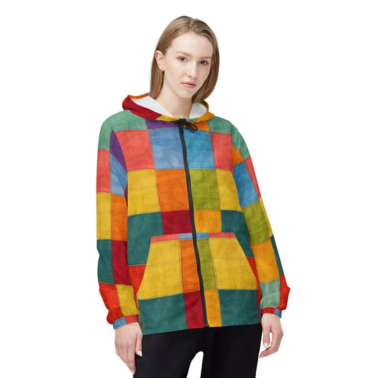 Colorblock Checkerboard Windbreaker Jacket — Vibrant Rainbow AOP Hoodie