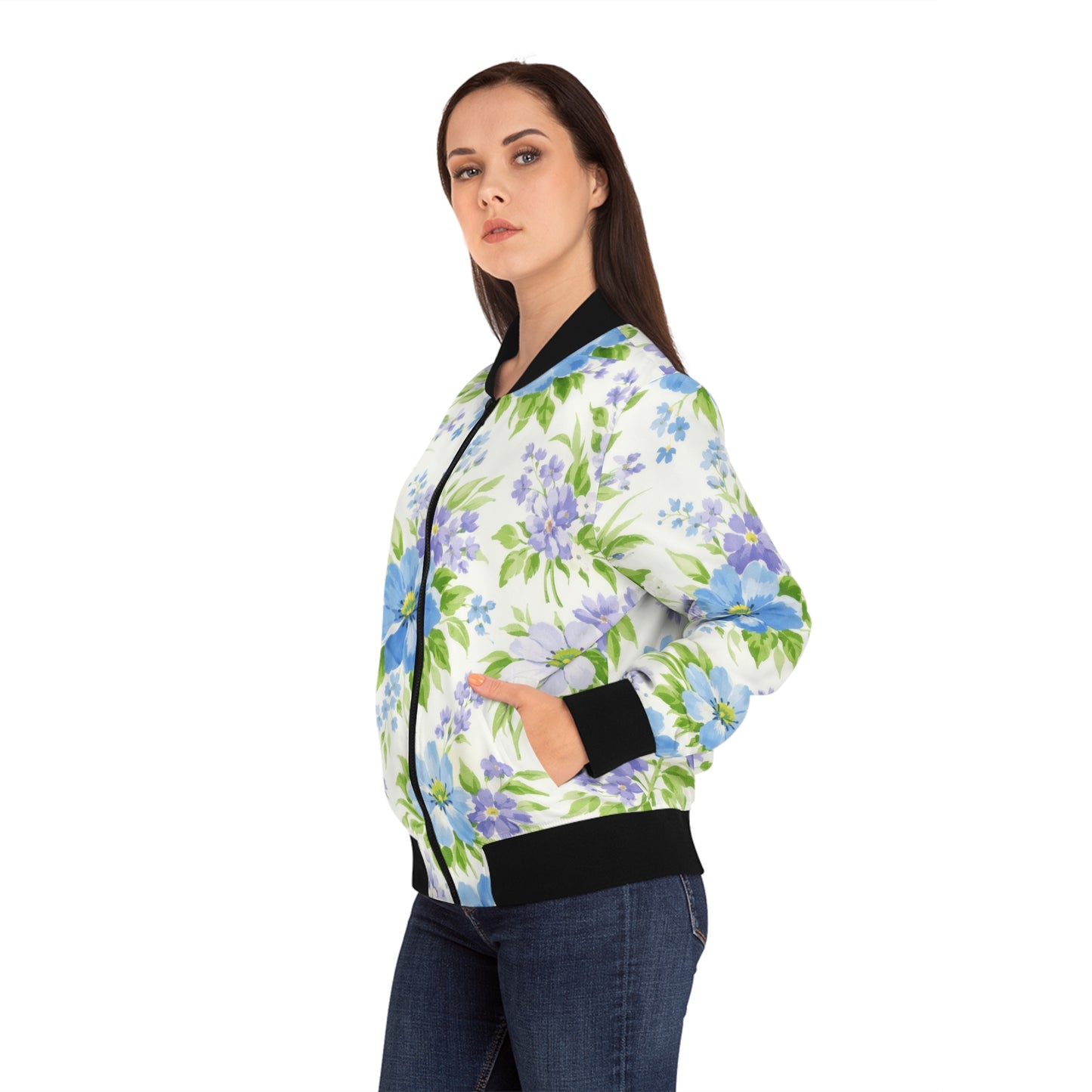 Floral Blue & Lavender All-Over Print Bomber Jacket