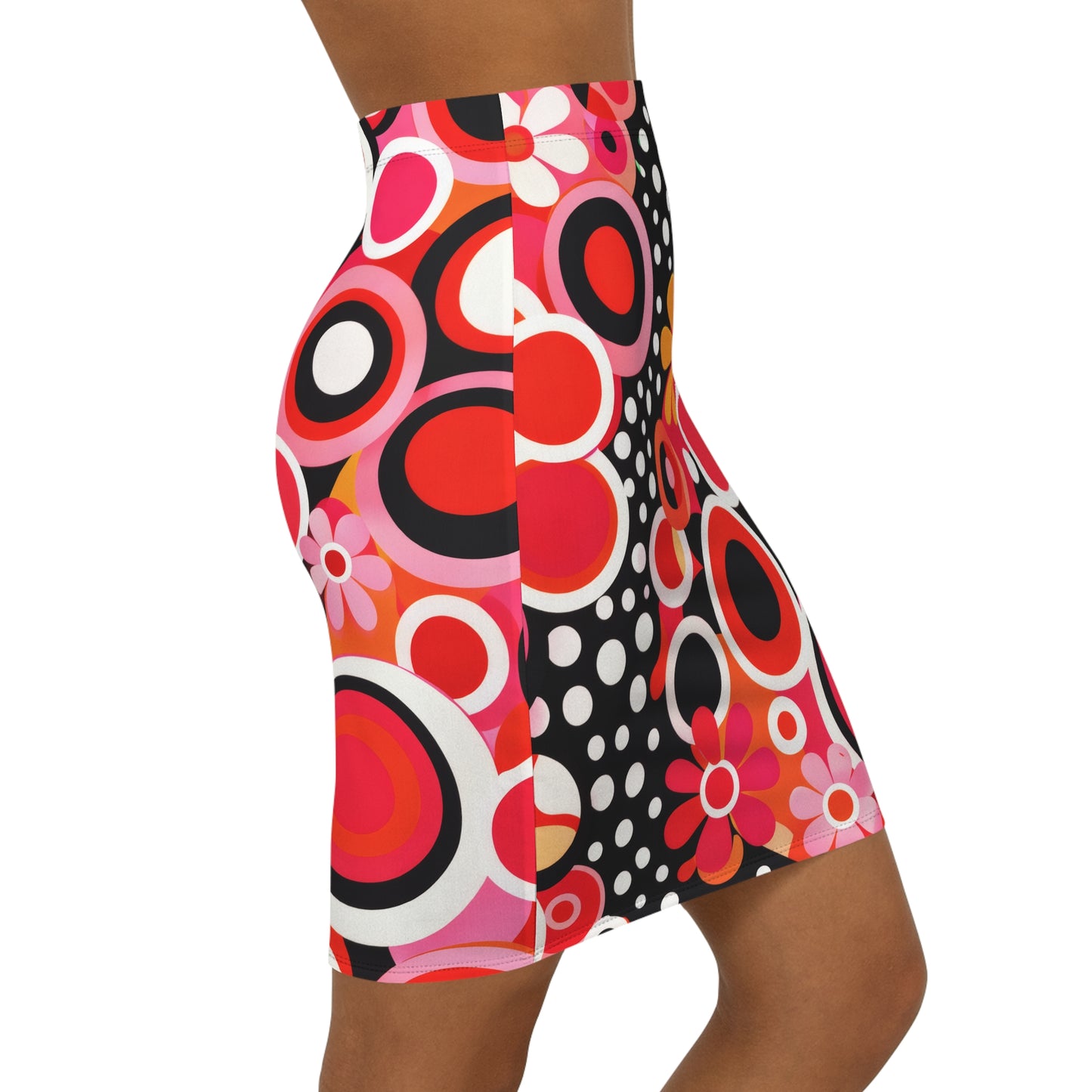 Retro Floral Circle Pencil Skirt — Vibrant 60s-Inspired Mid-Waist Skirt