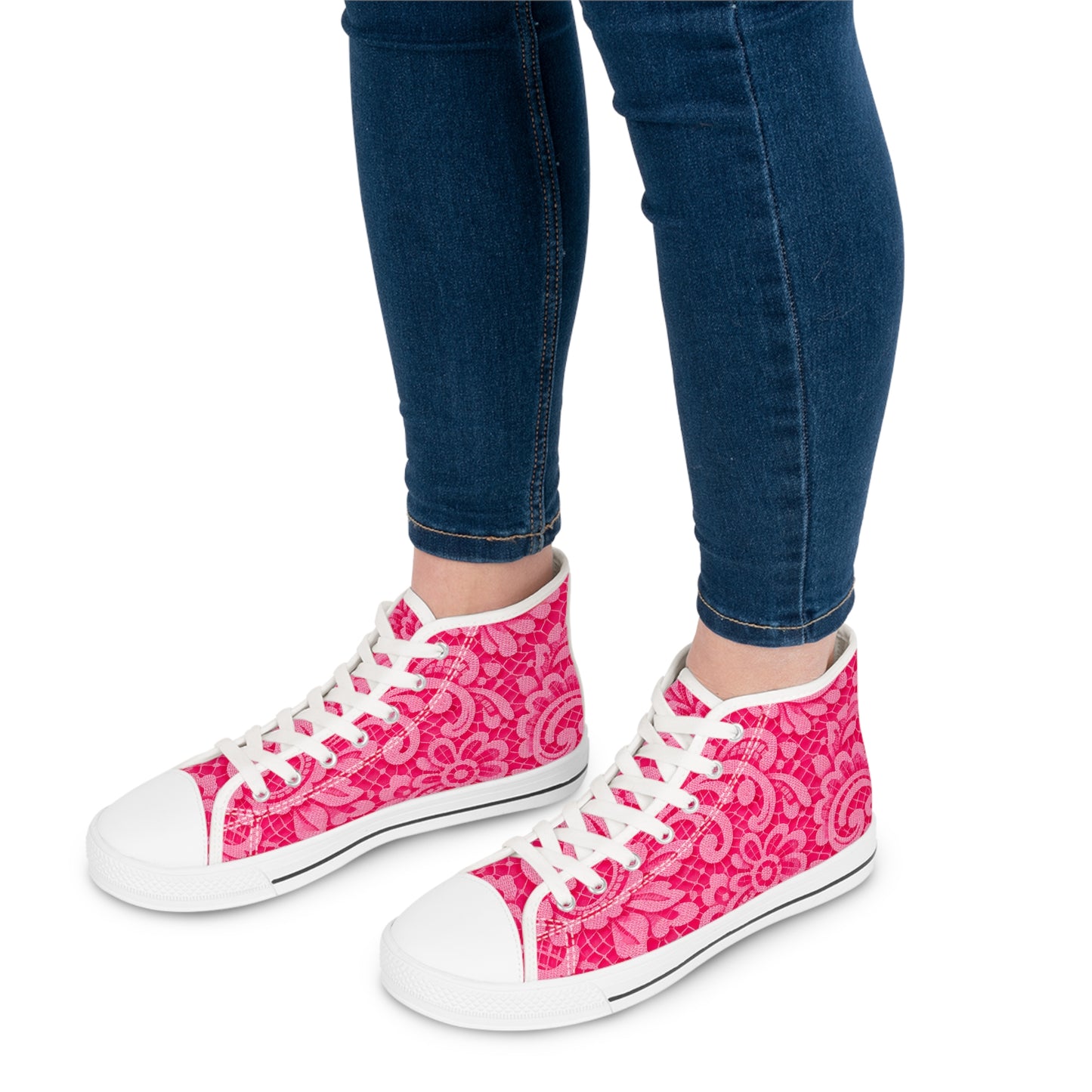 Pink Floral Lace High-Top Sneakers — Women's Patterned Canvas Shoes