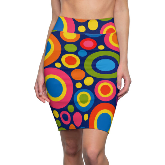 Retro Rainbow Circles Pencil Skirt — Bold 60s Mod Print