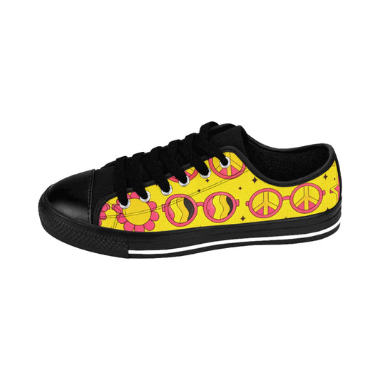 Peace Sign Floral Women's Sneakers — Yellow Retro Boho Canvas Shoes