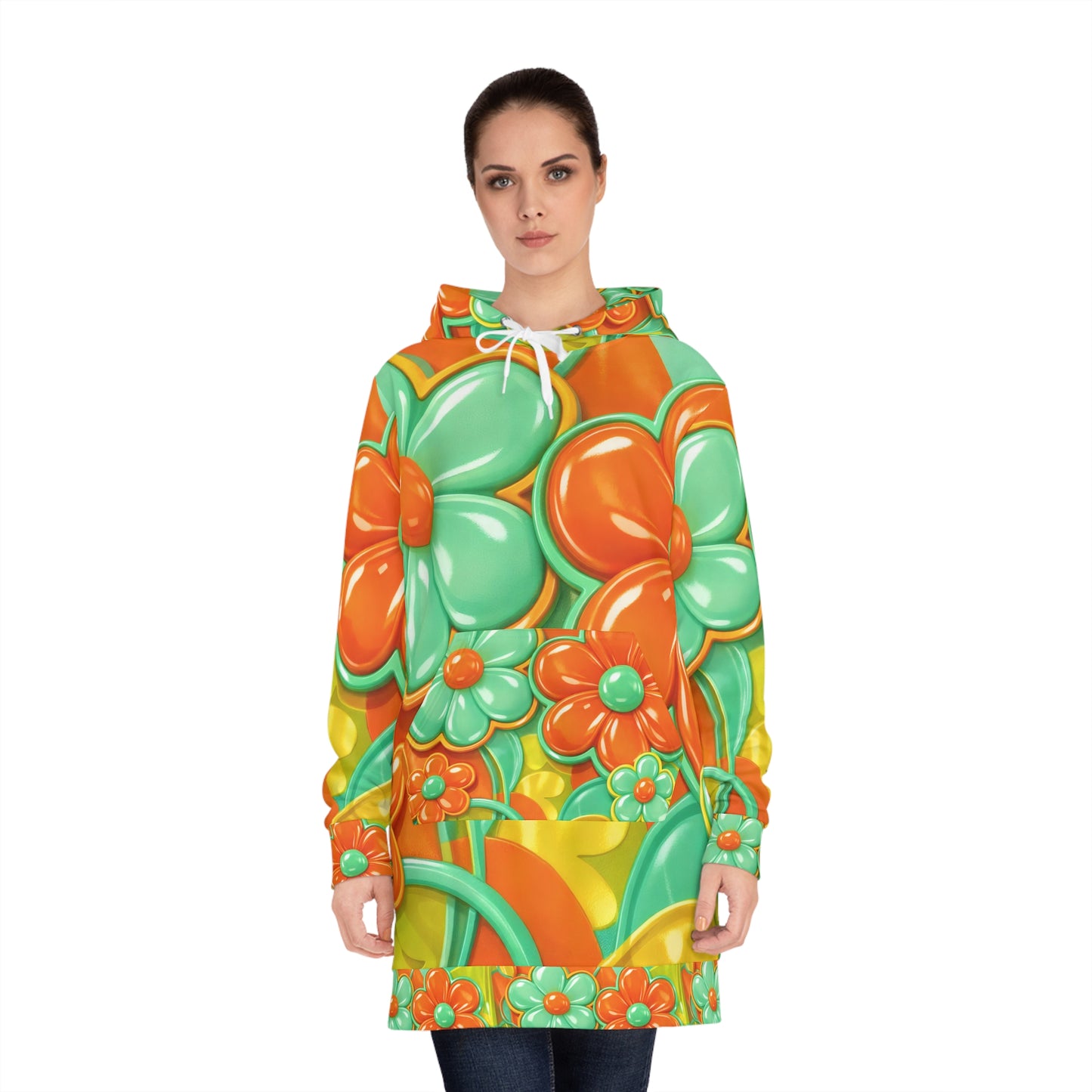 Retro Floral Hoodie Dress - Orange & Teal 60s Flower Power All-Over Print