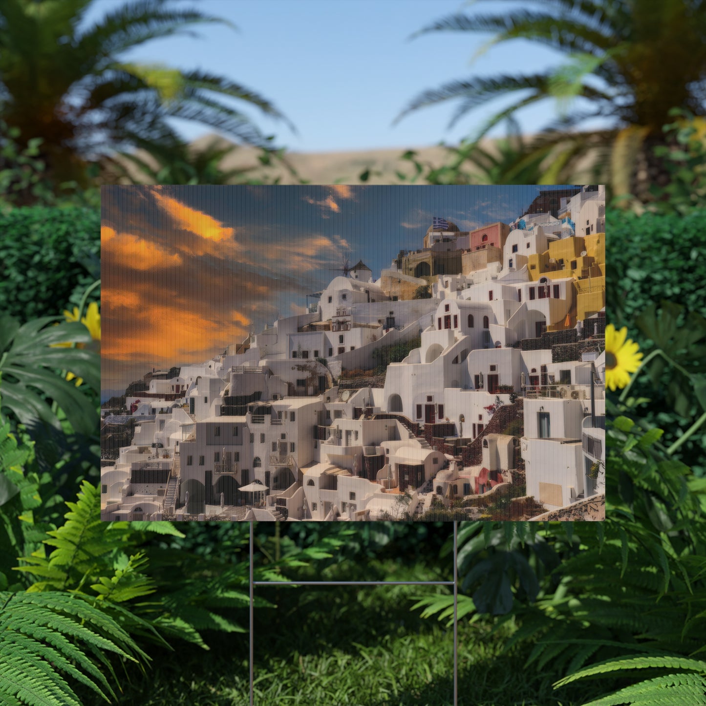 Santorini Sunset Yard Sign, Oia Greece Garden Decor, Mediterranean Outdoor Welcome Sign,