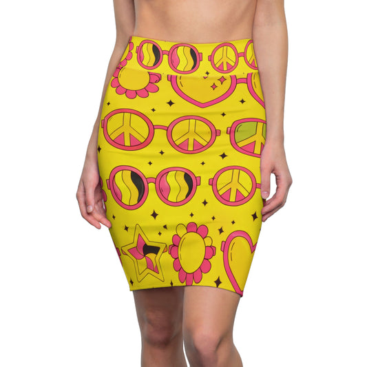 Retro 70s Hearts & Peace Pencil Skirt — Yellow Psychedelic Print