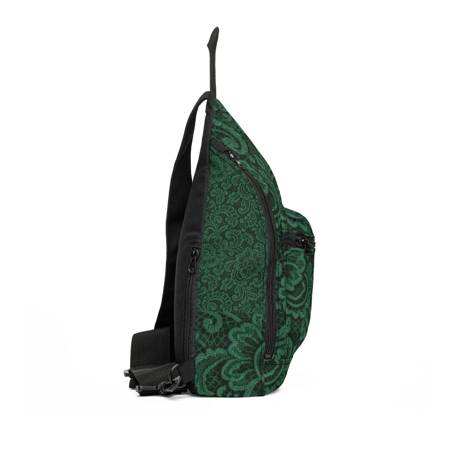 Emerald Damask Sling Bag — Compact Crossbody Backpack with Vintage Floral Pattern