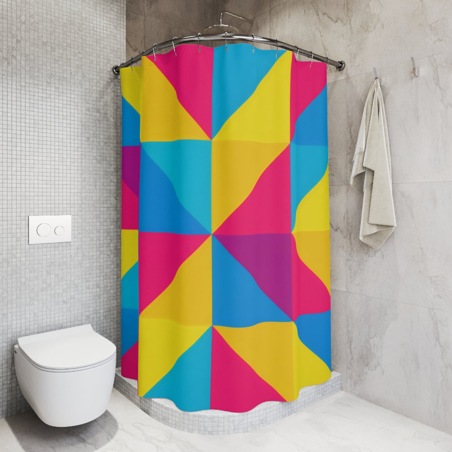 Geometric Color Block Shower Curtain — Bright Modern Bathroom Decor