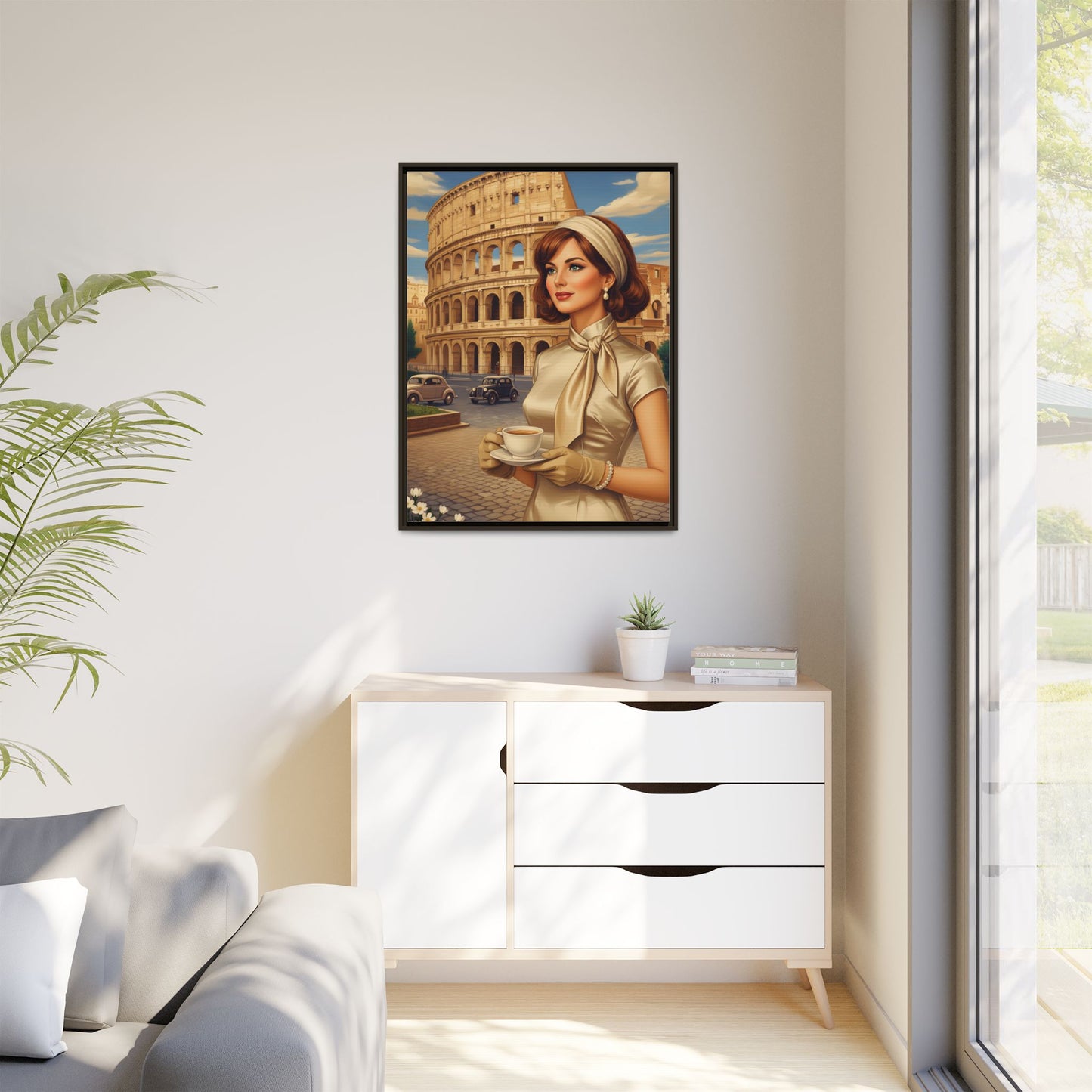 Elegant vintage woman drinking coffee in front of Colosseum in Rome Canvas Print