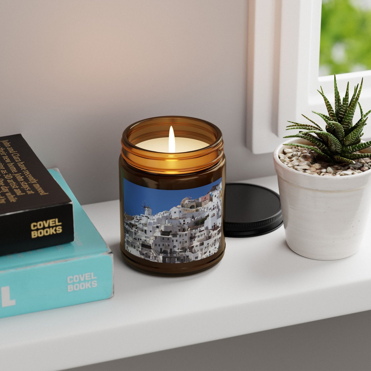 Santorini Village Photo Candle — Soy Wax Amber Jar