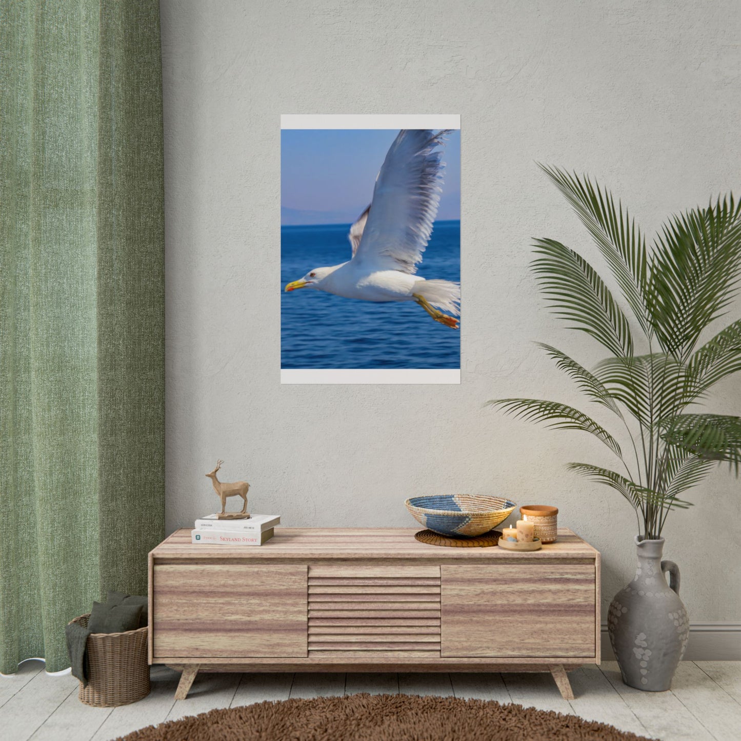Seagull in Flight Poster, Ocean Blue Sea Wall Art, Coastal Bird Photography Print, Mediterranean Nautical Decor, Minimalist Beach House Art