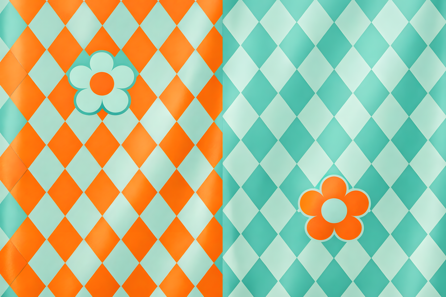 Orange Mint Checkerboard Daisy Retro Pattern — High-Resolution Digital Download