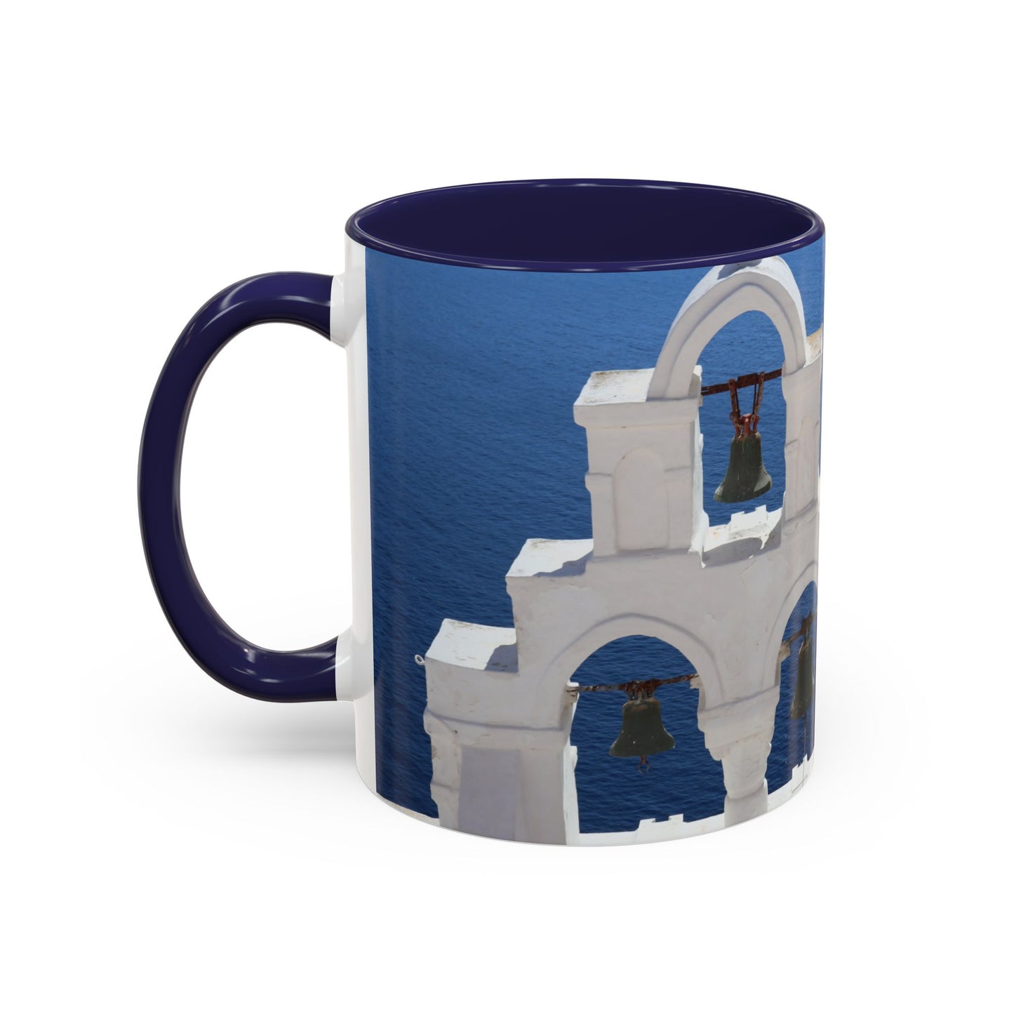 Santorini Bell Towers coffee mug | Greek island scene, blue sea accent mug