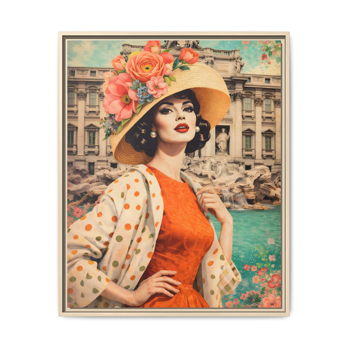 Elegant glamorous vintage woman in Rome front of Trevi Fountain, retro Italian travel fashion illustration,Framed Matte Canvas Art