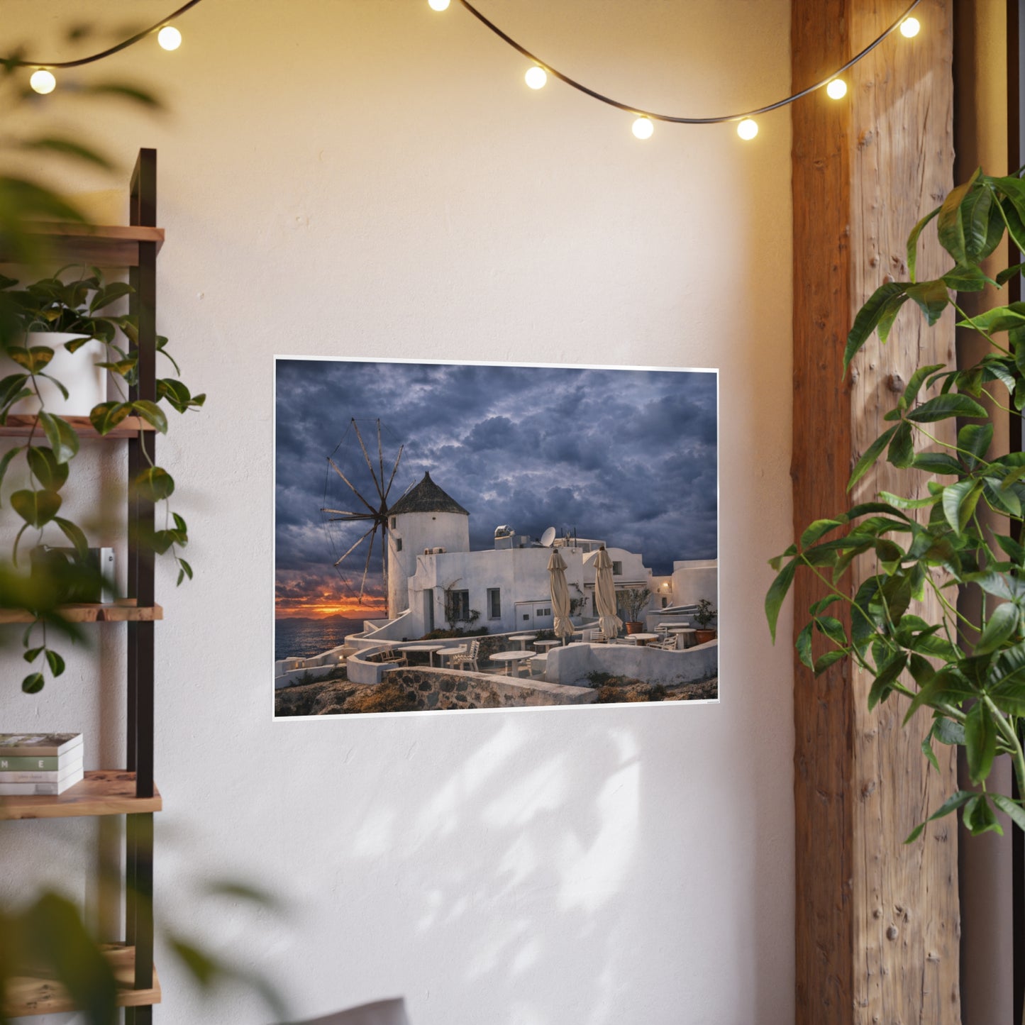 Oia Santorini Windmill Sunset Poster — Mediterranean Landscape Photo Art Print
