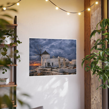 Oia Santorini Windmill Sunset Poster — Mediterranean Landscape Photo Art Print