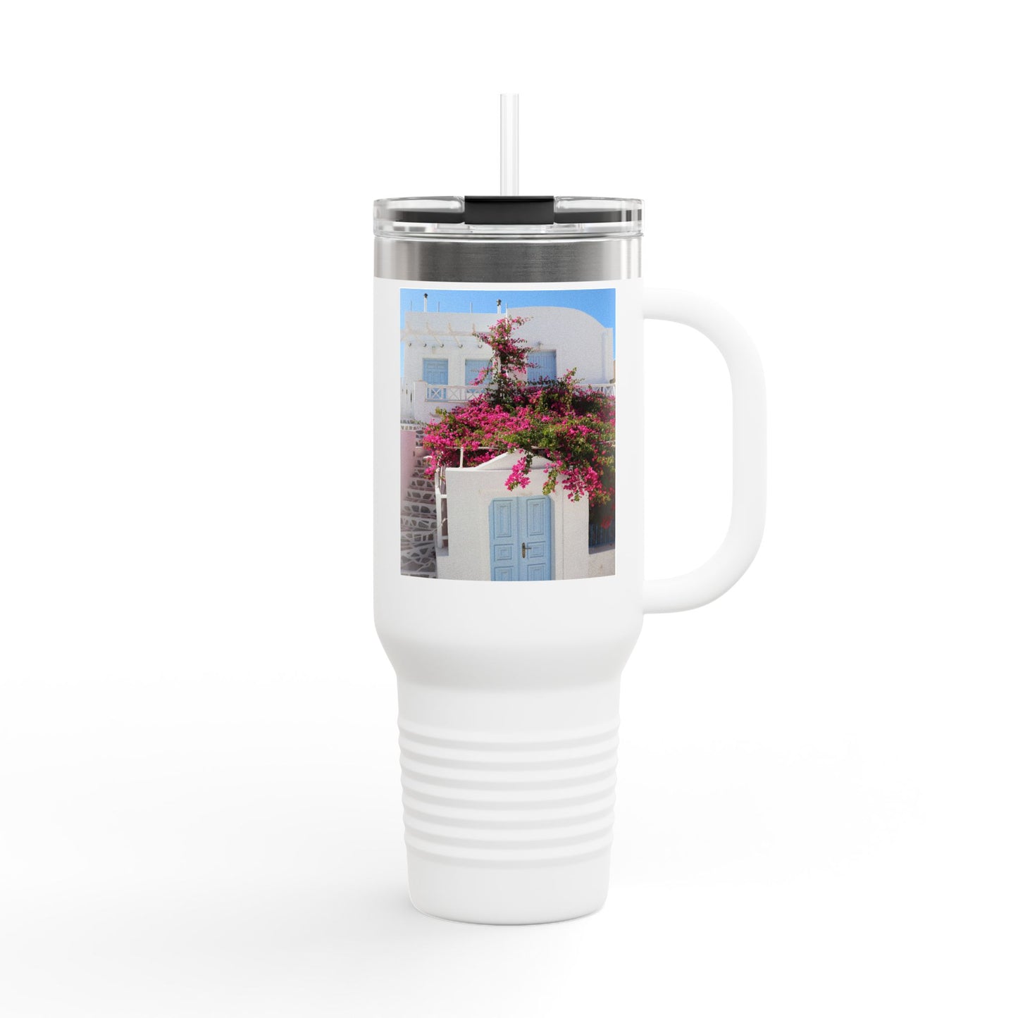 Santorini Blue Door Photo Travel Mug 40oz Insulated Tumbler