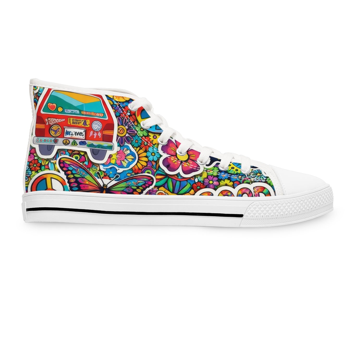 Women’s High Top Sneakers — Colorful 60s Hippie Peace Floral Print ("Peace" & "Good Vibes")