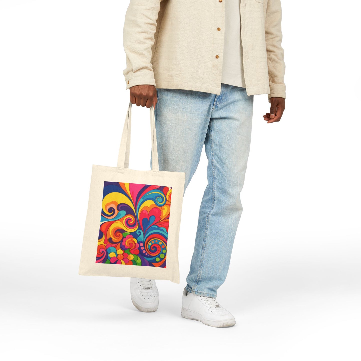 Psychedelic Swirl Canvas Tote — Colorful Retro Floral Boho Bag