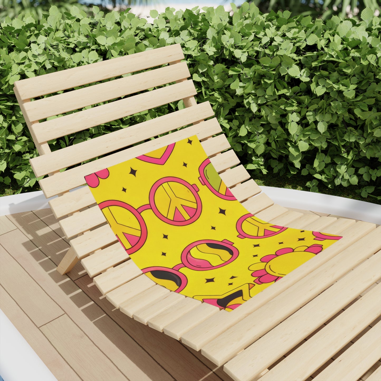 Retro Peace & Love Beach Towel — Yellow Floral Heart Paisley Pattern