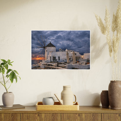 Oia Santorini Windmill Sunset Poster — Mediterranean Landscape Photo Art Print