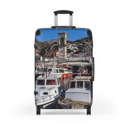 Hydra Greece  Photo Suitcase | Travel Luggage with Coastal Marina Print