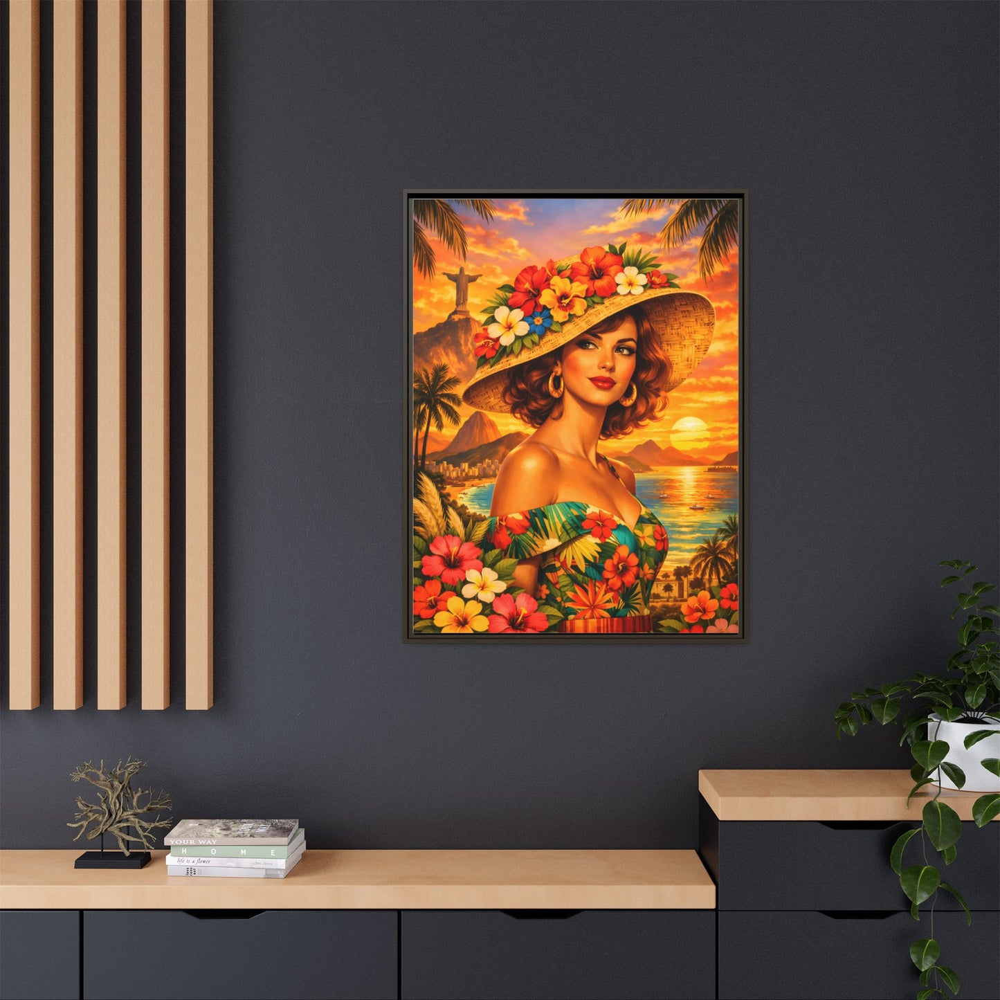 Elegant glamorous vintage woman in Rio de Janeiro front of Christ the Redeemer statue, retro Brazilian travel fashion illustration Canvas — Framed